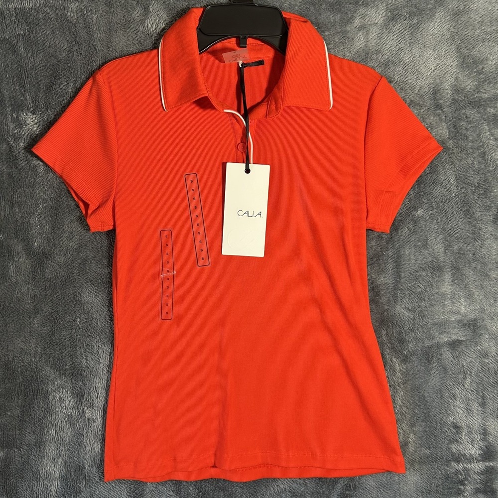 Calia Womens Size S Orange Red Short Sleeve Rib Polo Shirt